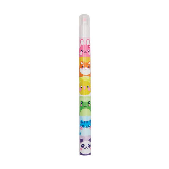 Hey! Critters Stacking Highlighters with six neon mini highlighters featuring cute animal faces stacked vertically.