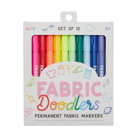 Fabric Doodlers Permanent Fabric Markers set of 12 vibrant colors for creative and permanent fabric art, ages 6 and up.
