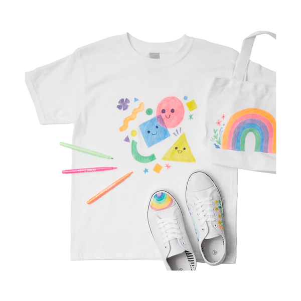 Fabric Doodlers Permanent Fabric Markers used to create colorful designs on a white shirt, shoes, and a small fabric bag.