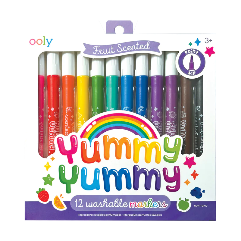 Yummy Yummy Scented Markers pack of 12 washable colorful fruit-scented markers with pointed tips for kids 3+.