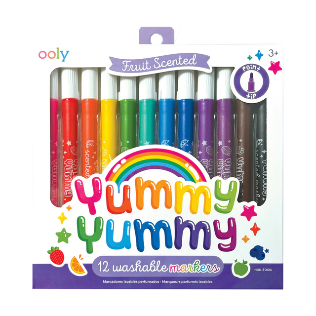 Yummy Yummy Scented Markers pack of 12 washable colorful fruit-scented markers with pointed tips for kids 3+.