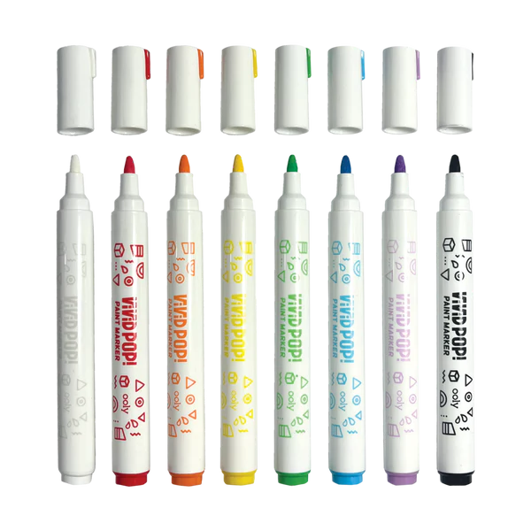 Vivid Pop! Paint Markers set of eight bright acrylic colors with caps off, perfect for multi surface painting projects.