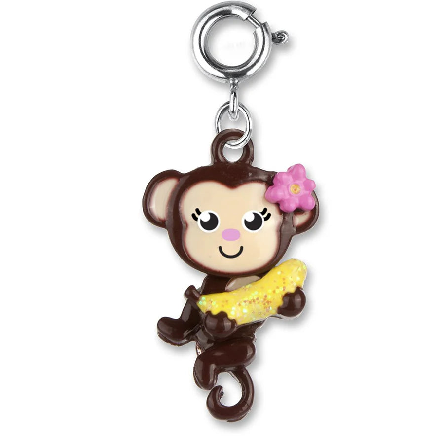 Swivel Monkey Charm showing a cute enamel monkey holding a yellow banana with a pink flower accessory.