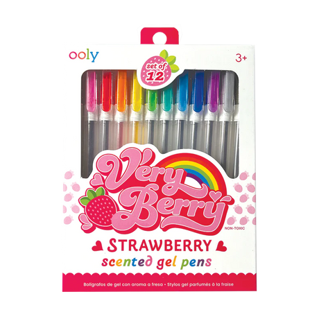 Very Berry Scented Gel Pens set of 12 colorful strawberry-scented gel pens in a white box with rainbow design