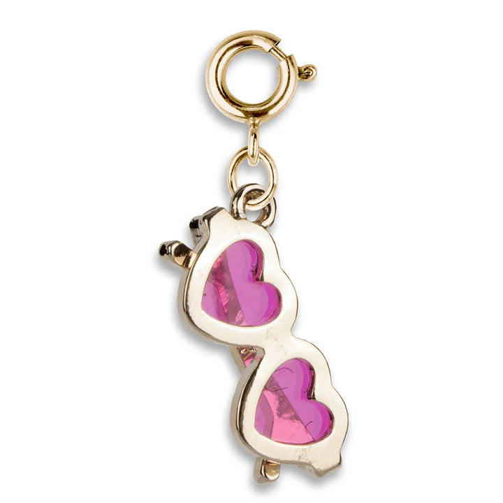 Gold Heart Sunglasses Charm with pink heart-shaped lenses on a gold-tone base metal clasp accessory.