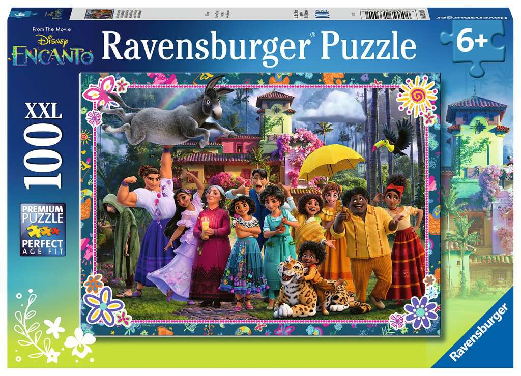 100pc Encanto Puzzle featuring colorful Madrigal family scene from Disney’s Encanto with 100 large interlocking pieces for kids 6+