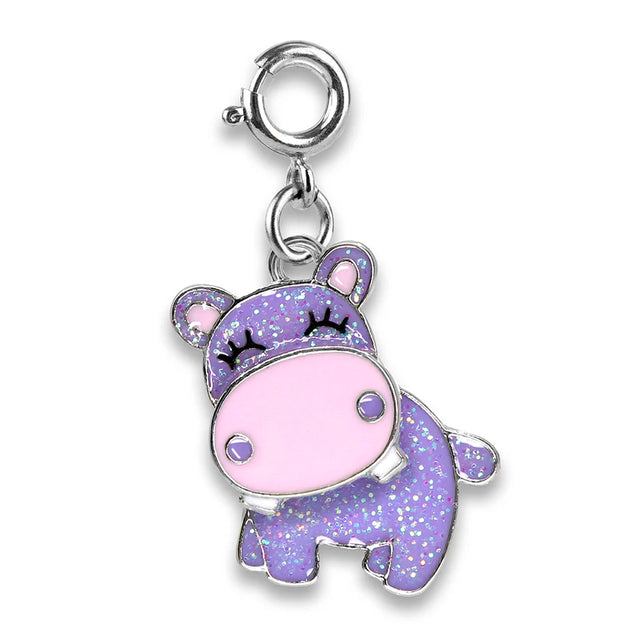 Glitter Swivel Hippo Charm featuring a glittery purple enamel hippo with a swivel clasp for easy attachment.