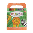 Carry Along On Safari coloring book with 9 jumbo crayons and 48 animal-themed pages in a compact carrying case.
