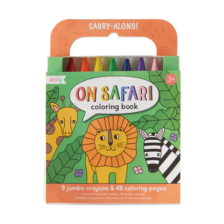 Carry Along On Safari coloring book with 9 jumbo crayons and 48 animal-themed pages in a compact carrying case.