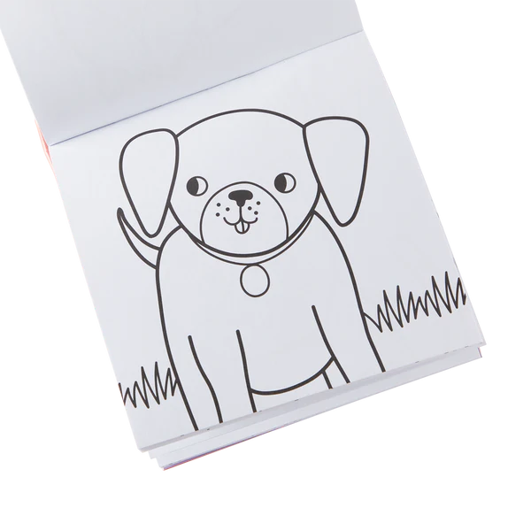 Carry Along Pet Pals coloring book open to a puppy drawing, perfect for travel and creative fun on the go.