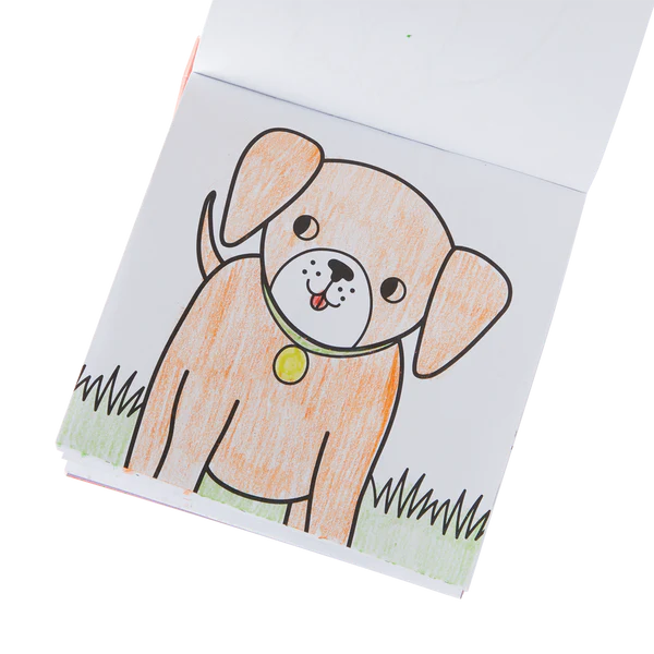 Carry Along Pet Pals coloring book open to a colored puppy page, perfect for kids’ travel and creative fun.