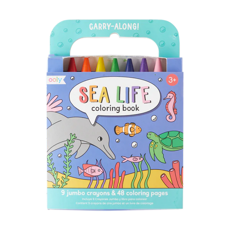 Carry Along Sea Life coloring book with 9 jumbo crayons and 48 sea creature pages in a portable carrying case.