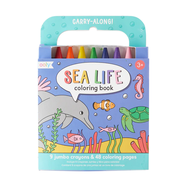 Carry Along Sea Life coloring book with 9 jumbo crayons and 48 sea creature pages in a portable carrying case.