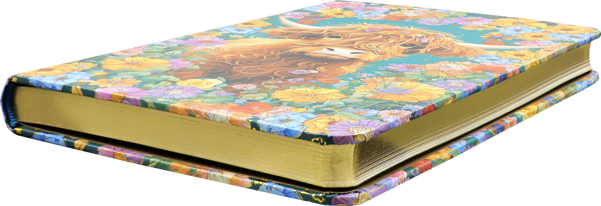 Hardcover journal with embossed Highland cow cover, gold-edged pages, and floral design, 5 by 7 inches size.