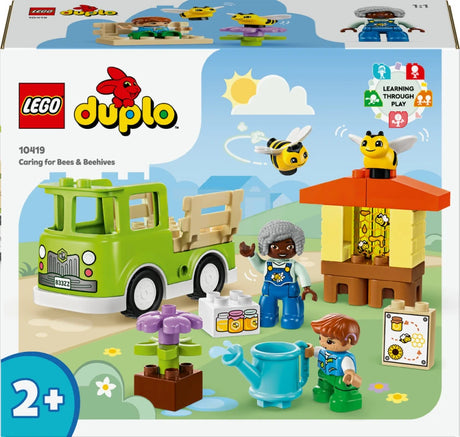 LEGO DUPLO playset with bees, beehive, flowers, watering can, truck, and two figures for ages 2 and up