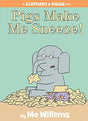 Elephant Gerald sneezing surrounded by tissues on the cover of Elephant & Piggie Pigs Make Me Sneeze book.