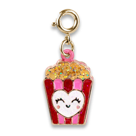 Gold Glitter Popcorn Charm featuring glittery popcorn and a smiling heart on a red and pink striped base.