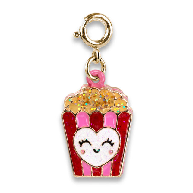 Gold Glitter Popcorn Charm featuring glittery popcorn and a smiling heart on a red and pink striped base.
