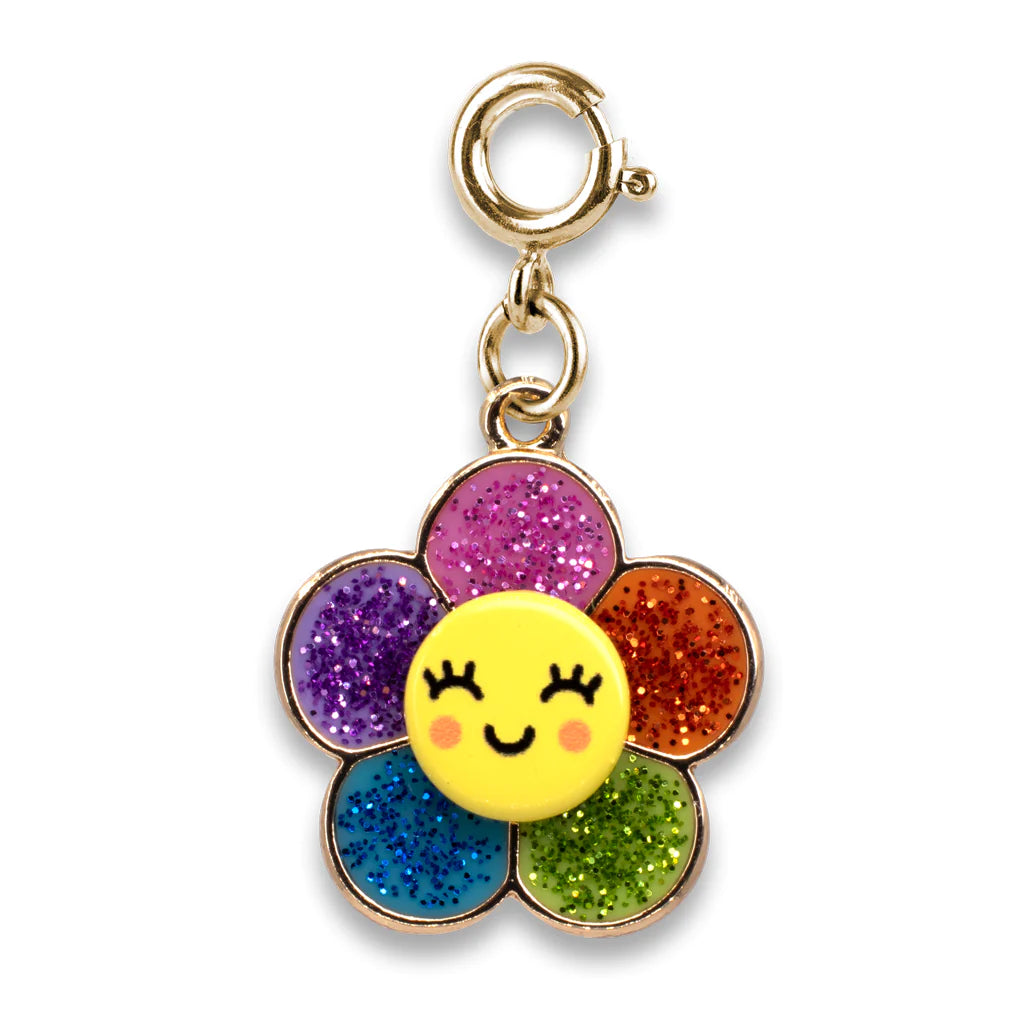 Gold Glitter Happy Flower Charm with colorful glitter petals and smiling yellow face enamel charm accessory