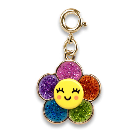 Gold Glitter Happy Flower Charm with colorful glitter petals and smiling yellow face enamel charm accessory