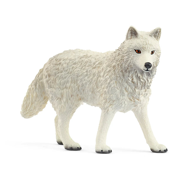 Arctic Wolf figurine with thick white fur, elegantly built, perfect for cold Arctic climates and detailed craftsmanship.