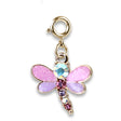 Gold Glitter Dragonfly Charm with pink and purple enamel wings and sparkling rhinestone body.