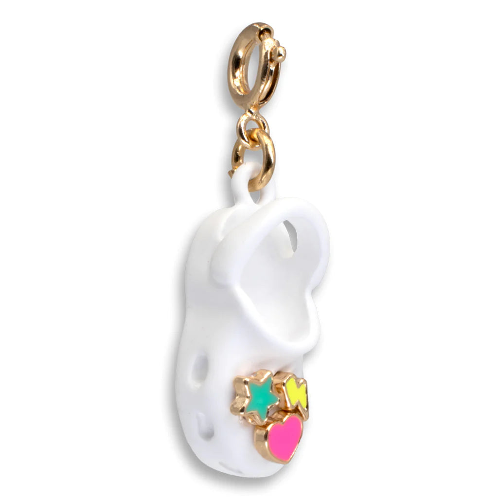 Gold Rubber Clog Charm featuring colorful enamel details, perfect for fans of comfy shoes and unique charms.