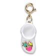 Gold Rubber Clog Charm with colorful star, heart, and lightning details on white enamel base metal charm.