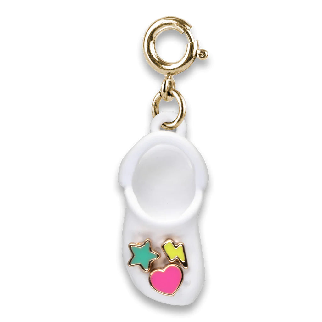 Gold Rubber Clog Charm with colorful star, heart, and lightning details on white enamel base metal charm.
