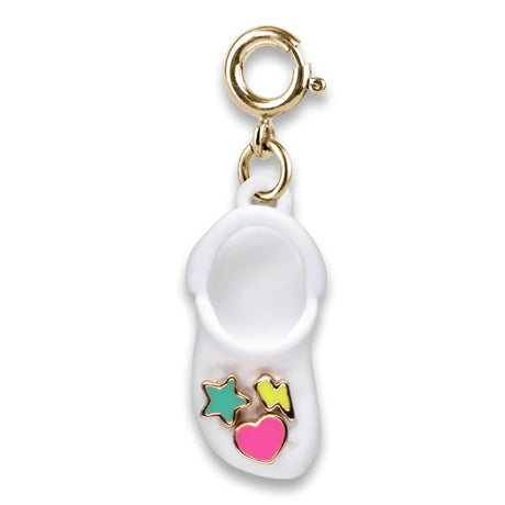 Gold Rubber Clog Charm with colorful star, heart, and lightning details on white enamel base metal charm.