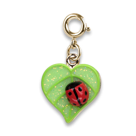 Gold Glitter Little Ladybug Charm with red ladybug on glittery green leaf pendant and gold clasp accessory.