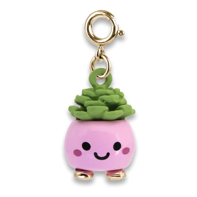 Gold Happy Succulent Charm with a smiling pink pot and green succulent, made of enamel and base metal charm.