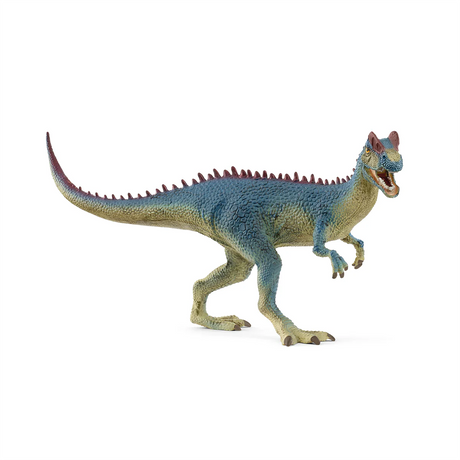 Dilophosaurus dinosaur figure with bright red crests and bluish lizard skin, standing in a dynamic pose.