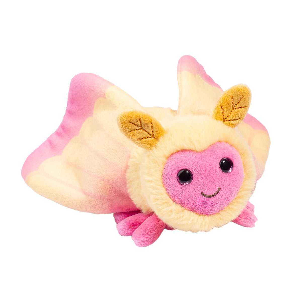 Rosy Maple Moth plush with pink and yellow colors, fuzzy antennae, big eyes, and a sweet embroidered smile.