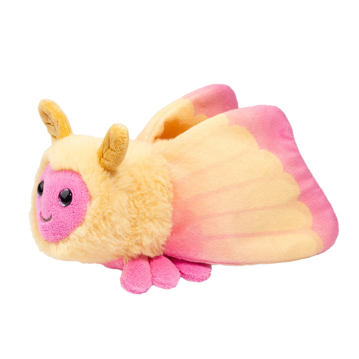 Rosy Maple Moth plush with pink and yellow cotton-candy colors, fuzzy antennae, and a heart-shaped face.