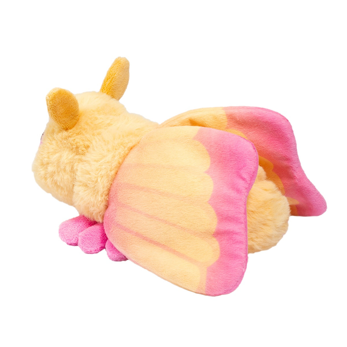 Rosy Maple Moth plush toy with soft pink and yellow wings, fuzzy antennae, and cuddly body.