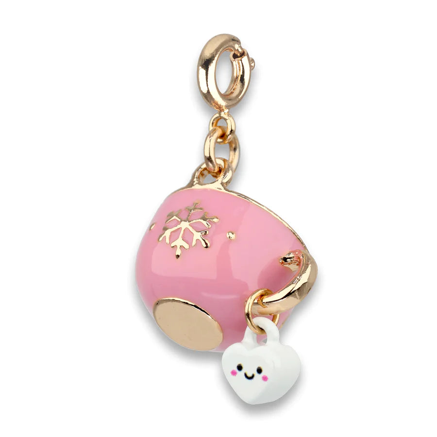 Gold Hot Cocoa Charm with pink enamel cup, gold snowflake detail, and white heart-shaped marshmallow charm.