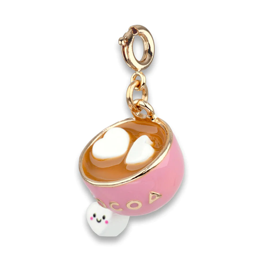 Gold Hot Cocoa Charm featuring a pink cup with heart-shaped marshmallows and a smiling marshmallow detail.