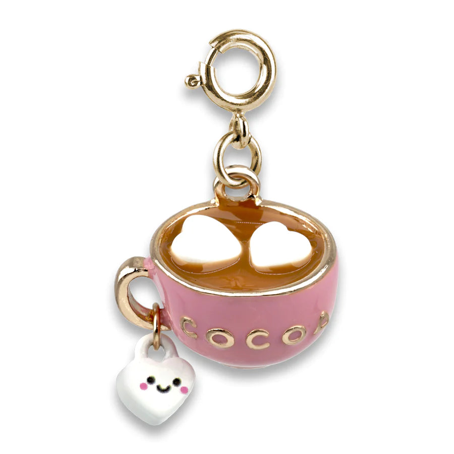 Gold Hot Cocoa Charm featuring a pink cup with heart-shaped marshmallows and a smiling marshmallow charm.