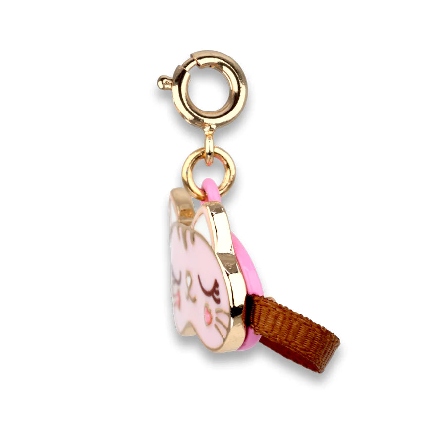 Gold Kitty Sleep Mask Charm featuring enamel cat face with pink and brown ribbon and gold metal clasp accessory.