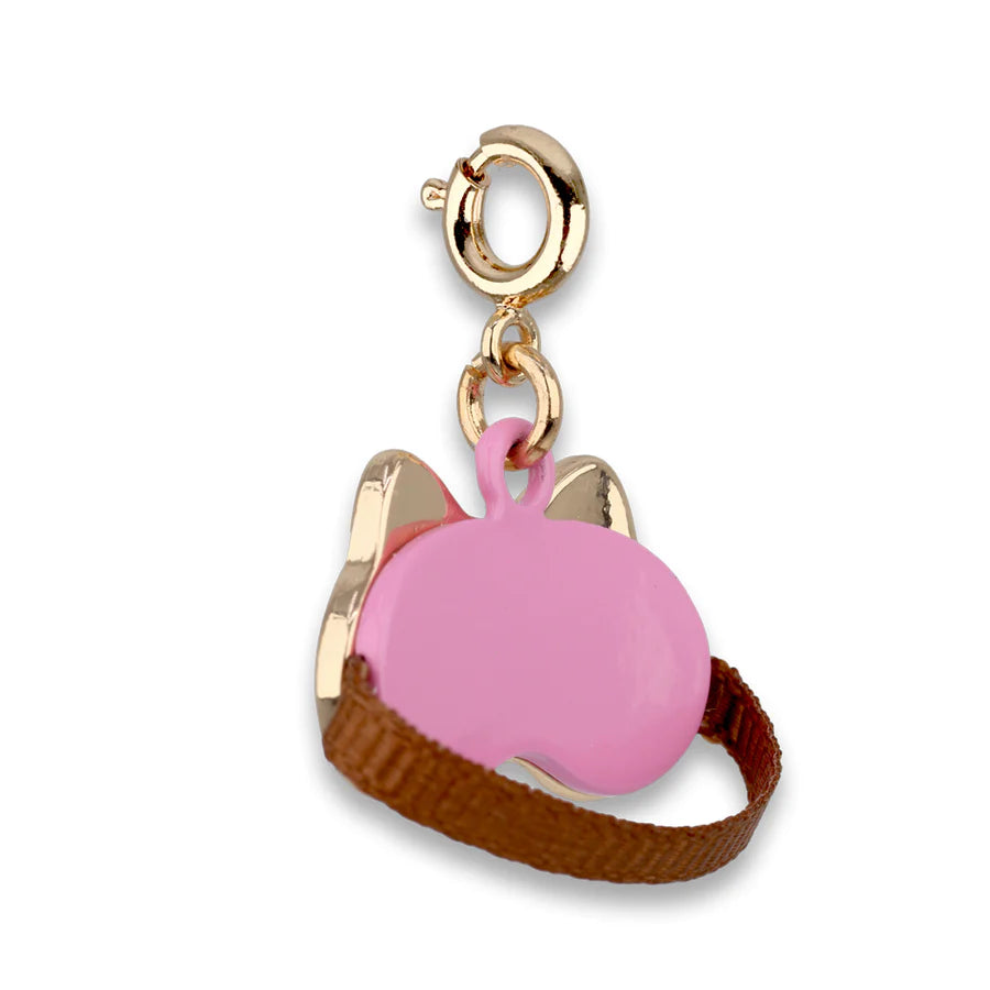 Gold Kitty Sleep Mask Charm featuring a pink enamel mask and gold-tone metal details with a brown ribbon strap.