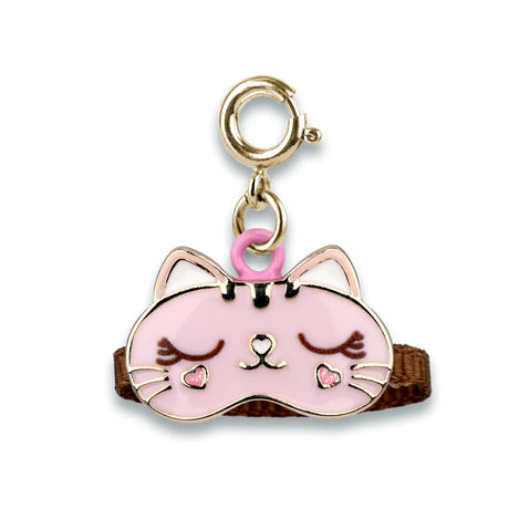 Gold Kitty Sleep Mask Charm with pink enamel and gold base metal attached to brown ribbon strap.