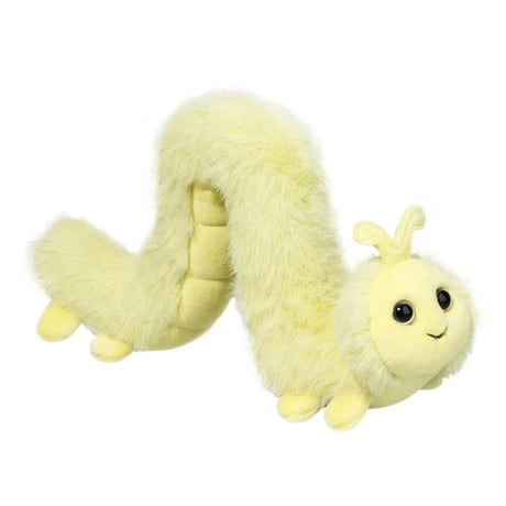 Inchworm Inchy plush toy in pale yellow green with soft fur and a smiling face ready for playful adventures.