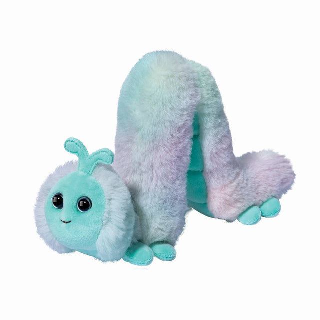 Inchworm Groovy Tie-Dye plush toy with teal and purple tie-dye fur and an embroidered smile, 8 inches long.