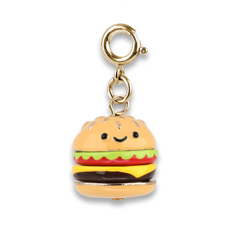 Gold Cheeseburger Charm with smiling 3D layers, enamel details, and base metal clasp for burger and BBQ fans.
