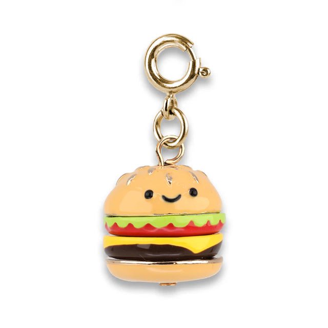 Gold Cheeseburger Charm with smiling 3D layers, enamel details, and base metal clasp for burger and BBQ fans.
