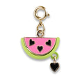 Gold Watermelon Charm featuring a pink enamel slice with black heart seeds and a dangling black heart charm.