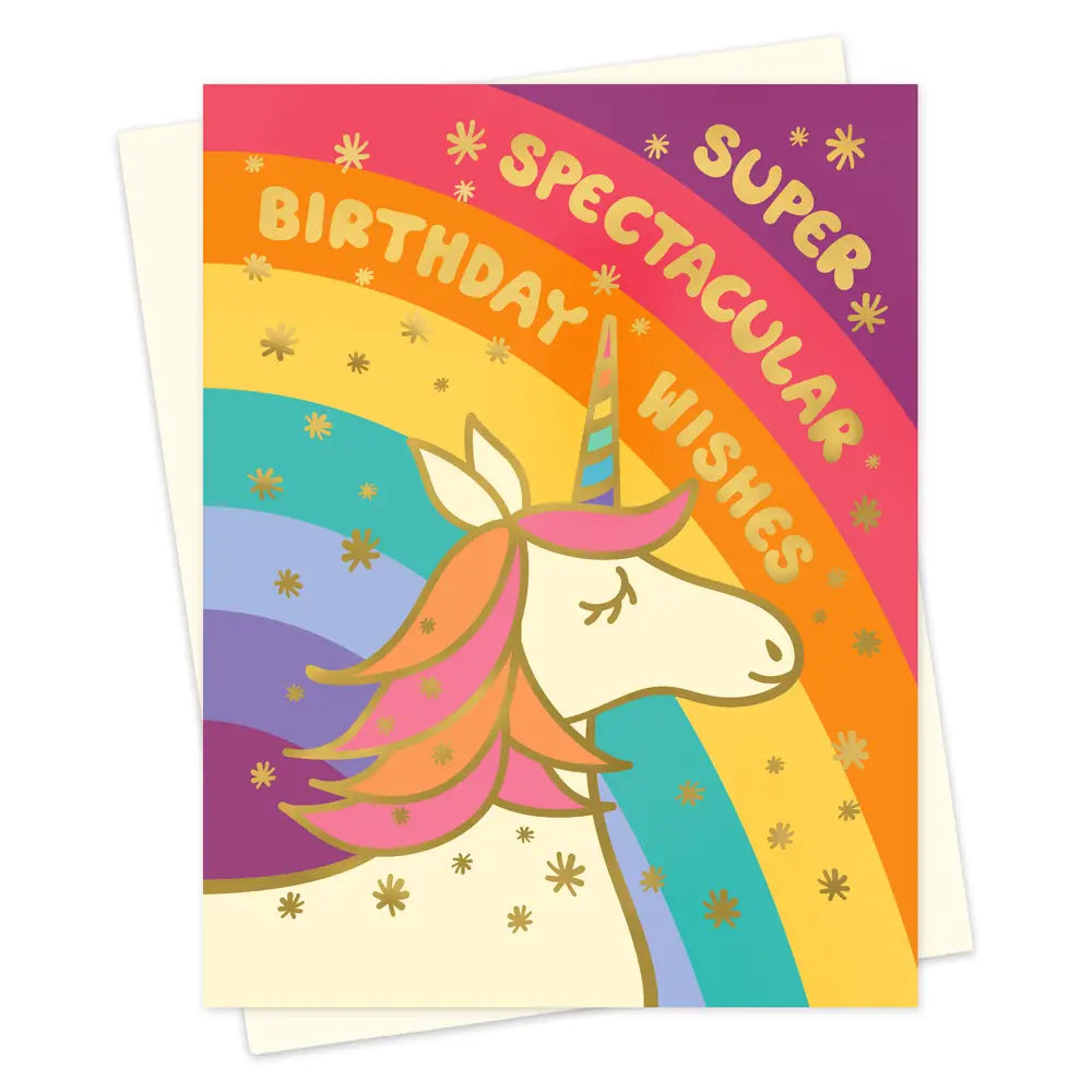 Spectacular Unicorn Birthday Card with gold foil unicorn and rainbow design, blank inside for personalized message