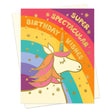 Spectacular Unicorn Birthday Card with gold foil unicorn and rainbow design, blank inside for personalized message