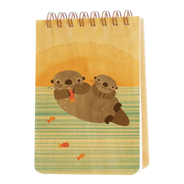 Mini Wood Notebook | Otters with spiral binding, birch wood cover, and playful otter design on front cover.